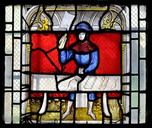 Vetrata che mostra un macellaio al lavoro, fine XV-inizio XVI secolo - Cappella di San Claudio della Chiesa Collegiata di Nostra Signora di Semur-en-Auxois, Borgogna