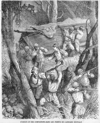 Stanley in Africa - Spedizione di Stanley in Africa Centrale 1874-1877: Marcia attraverso la giungla - xilografia su disegno di Horace Castelli (1825-1889)