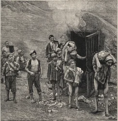Estrazione dello zolfo (Zolfara) in Sicilia, disegno