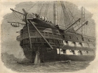 Telegrafia: vista della poppa della nave H.M.S. "Agamemnon" che poserà il primo cavo transatlantico. Incisione in "The Illustrated London News" del 5 giugno