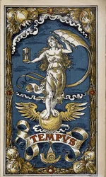 Tempus: allegoria del tempo (figura femminile con clessidra, vento, ali), illustrazione per calendario 1889