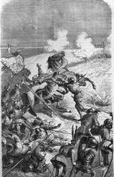 Il veterano di 75 anni John Talot fu richiamato per guidare una spedizione di 3000 uomini, che sbarcarono in Guienna il 17 ottobre 1452. Incisione che rappresenta la morte di Talbot in battaglia. Incisione del XIX secolo
