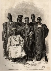 La scorta africana di Mage, tenente di nave, inviato in missione in Niger. Incisione per illustrare la storia del viaggio del tenente Mage nel Sudan occidentale tra il 1863 e il 1866, pubblicato in "Le tour du monde, nouveau journal des voyages", a cura di