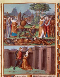 La battaglia degli Orazi e Curiazi. I tre Orazi di Roma incontrano i tre Curiazi. Diverse scene di combattimento. Orazio, uno dei tre fratelli Orazi, romani designati per affrontare i tre Curiazi, dalla città di Alba nel VII secolo