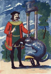Il gatto con gli stivali offre un coniglio al re. Illustrazione per "Il gatto con gli stivali", racconto di Charles Perrault (1628-1703), scrittore francese. Illustrazione anonima. Immagini Marcel Vagne, Jarville Nancy, senza data (fine XIX secolo)