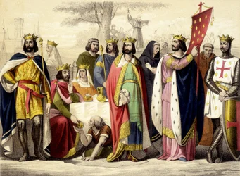 I Capetingi dal 987 al 1137. Ugo Capeto, Roberto I, Costanza, Filippo I, Luigi VI e Luigi VII. Incisione del XIX secolo.