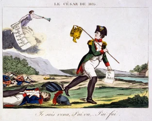 Il Cesare del 1815 - Venni, vidi... fuggii. Caricatura su Napoleone I in fuga dal campo di battaglia dove sono sparsi i soldati francesi morti. Incisione 1815 - Napoleone Bonaparte (15 agosto 1769 - 5 maggio 1821) fu un capo militare e politico francese