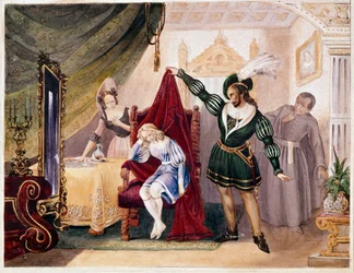 Il conte fece avances a Suzanne mentre Cherubin era nascosto sulla sedia, da Le nozze di Figaro di Mozart (incisione)