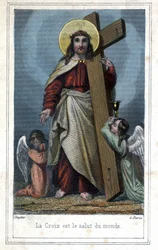 La Croce è la salvezza del mondo. Immagine popolare su Cristo che porta la croce. Due angeli stanno al suo fianco. Circa 1850