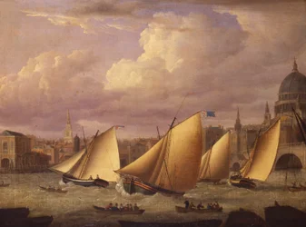 La flotta del Cumberland che gareggia sopra il London Bridge