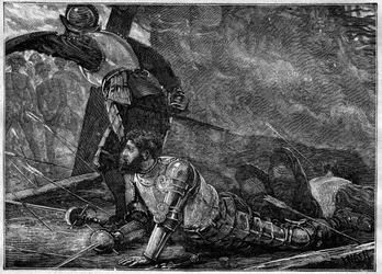 La morte di Juan de la Cosa - Morte di Juan de la Cosa (1460-1510) cartografo, conquistador ed esploratore spagnolo a Cartagena, Colombia - incisione del 1887