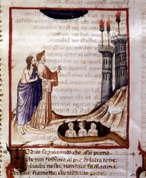 La Divina Commedia di Dante Alighieri. Inferno. Miniatura che rappresenta la città di Dite. Manoscritto del XIV secolo. Biblioteca Comunale di Rimini.