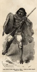 Il Gioco, o coraggioso ha tre capelli, soldato abissino con fucile. Incisione per illustrare il viaggio in Abissinia, nel 1862 di Guillaume Lejean, in 