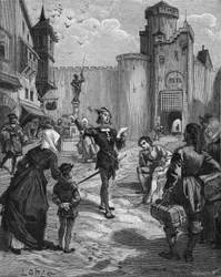 Il cavaliere tedesco, poeta e umanista Ulrich von Hutten (1488-1523) declama una delle sue poesie per strada. Incisione del XIX secolo. In 