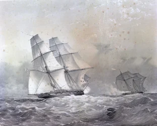La brigantina HMS Acorn di 16 cannoni insegue il Negriero Gabriel