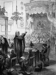 La Camera dei Lord durante il processo alla regina Carolina nel 1820 - Discorso di difesa di MR Brougham - Carolina di Brunswick-Wolgenbuttel (1768-1821), consorte di Giorgio IV di Gran Bretagna e Irlanda