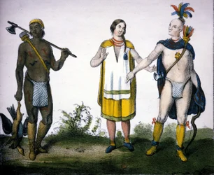 Gli indiani del Canada: un cacciatore (acadiano), una donna e un guerriero. litografia di "Galleria Universale di tutti i popoli del mondo", Milano