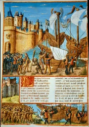Il re di Francia Luigi IX (San Luigi) (1214-1270) parte per la settima crociata. Miniatura tratta da “Les passages faits Outremer par les Français contre les Turks et autres Sarrazins et Moures Outremarine” di Sebastien Mamerot