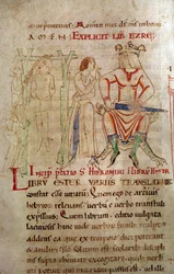 La giustizia del re tra il 1098 e il 1109. Un re con corona seduto su un trono e che tiene una spada, accanto a una scena di impiccagione. Pagina tratta da un manoscritto 
