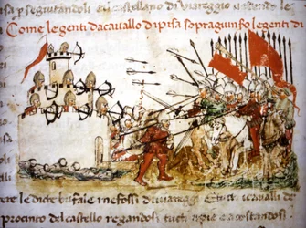 I cavalieri di Pisa sconfissero la fanteria di Lucca nel 1397 - nelle «Croniche del Sercambi», intorno al 1400. Archivio di Stato, Lucca.
