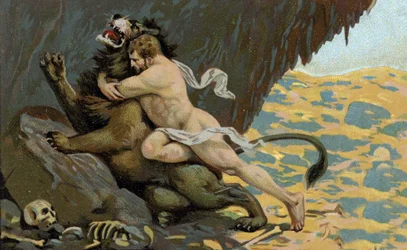 Le fatiche di Ercole: Ercole e il Leone di Nemee, inizio del XX secolo (cromo)