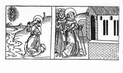 La vita di San Bernardo di Menthon (923 - 1008). Incisione da "Leben der Heiligen - sommerteil" (Il libro dei santi) di Jacobus (Giacomo) da Varagine (1228-1298). Lubecca 1488