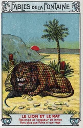 Il leone e il topo - Favole di Jean de La Fontaine (1621-95) - Cromolitografia della fine del XIX secolo Collezione Privata