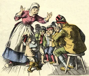 Il Piccolo Pollicino e i suoi fratelli tornano a casa dai loro genitori. Illustrazione della fiaba "Il Piccolo Pollicino" di Charles Perrault
