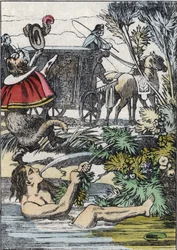 Il Marchese di Carabas finge di annegare mentre il gatto con gli stivali chiama aiuto. Illustrazione della fiaba "Il gatto con gli stivali" di Charles Perrault