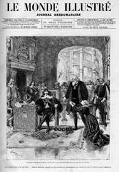 Il Marchese de Nangis (interpretato da Dumaine) e Marion (da Sarah Bernhardt) implorano il Re Luigi XIII (Garnier). Opera teatrale "Marion Delorme", dramma di Victor Hugo (1802-1885) rappresentato al teatro della porta di Saint Martin dopo essere stato vie