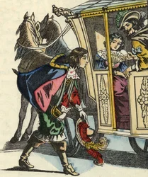 Il Marchese di Carabas saluta il re e la principessa nella loro carrozza. Illustrazione della fiaba "Il gatto con gli stivali" di Charles Perrault