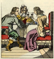 Il Marchese di Carabas invita la principessa e il re a mangiare nel castello. Illustrazione della fiaba "Il gatto con gli stivali" di Charles Perrault
