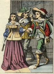 Il Marchese di Carabas, la principessa e il re nel castello. Illustrazione della fiaba "Il gatto con gli stivali" di Charles Perrault