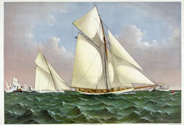 Il Mayflower, una barca a vela che vinse la regata della Coppa America, è accolto dalla flotta nella baia di New York. 07/09/1886 litografia del XIX secolo