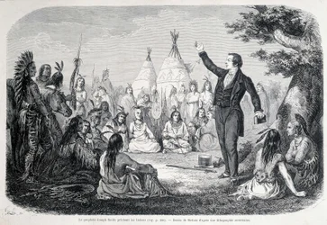 Il profeta mormone Joseph Smith che predica agli indiani (Nord America). Illustrazione del XIX secolo