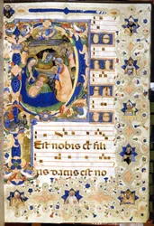 La Natività rappresentata in un libro corale del XIV secolo. Milano, Biblioteca Nazionale Braidense.