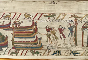 I Normanni tirano le loro navi verso il mare, Arazzo di Bayeux