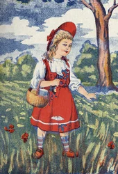Cappuccetto Rosso ha dei fiori. Illustrazione per "Cappuccetto Rosso", racconto di Charles Perrault (1628-1703), scrittore francese. Illustrazione anonima. Immagini Marcel Vagne, Jarville Nancy, senza data (fine XIX secolo)