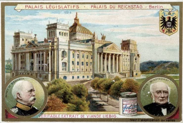 Il Palazzo del Reichstag a Berlino, e ritratti di Bismarck e Windthorst - Etichetta pubblicitaria Liebig, ca. 1900