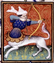 Il Sagittario. Miniatura di un oroscopo. Manoscritto del XV secolo. Bibl. Trivulziana, Milano
