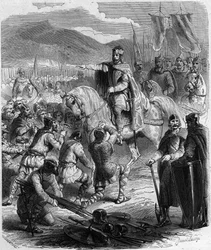 La Sottomissione dei Sassoni nel 785 - Storia della Gallia nel Medioevo: i Sassoni di Germania inginocchiati davanti al Re Carlo Magno (742-814) vincitore delle guerre - Incisione in “Histoire De France En Hundred Paintings” di Paul Lehugeur 1891