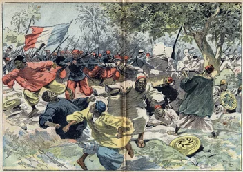 Le truppe sudanesi di Samory Toure (circa 1835-1900) furono posizionate dietro le rive del fiume Cavalby da una colonia francese sotto il tenente Walfel. Sudan, 9 settembre 1898. Illustrazione in "Le Pelerin" del 9 ottobre