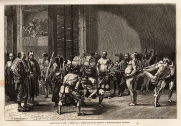 I preparativi per il sumo, gli atleti si riscaldano, si allungano, si pettinano e si concentrano prima di combattere. Incisione per illustrare il viaggio in Giappone, di Aime Humbert, ministro della Confederazione Svizzera, pubblicato in "Le tour du monde"