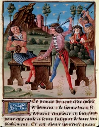 I cattivi effetti del gioco, il furto e la lotta. Due giocatori si minacciano con le loro armi. Miniatura dal «Libro dei buoni costumi» di Jacques Legrand (1360-1415/1418), dedicato a Jean, duca di Berry
