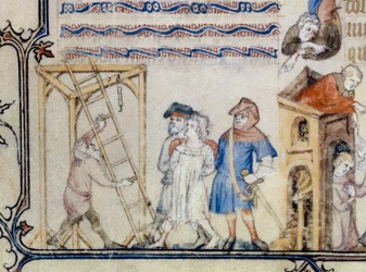 La ballata degli impiccati. Miniatura che illustra la poesia di François de Moncorbier detto Villon (1431/1432-1463). XV secolo (miniatura)
