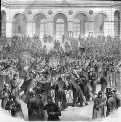 Il paniere degli agenti di cambio, alla Borsa di Parigi nel 1865. Incisione dal disegno di M.G. Roux