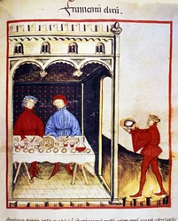 I benefici del grano: un pasto a base di pane. Miniatura dal Tacuinum sanitatis