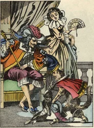 Il gatto con gli stivali offre il coniglio al re dal suo padrone, il Marchese di Carabas. Illustrazione della fiaba "Il gatto con gli stivali" di Charles Perrault