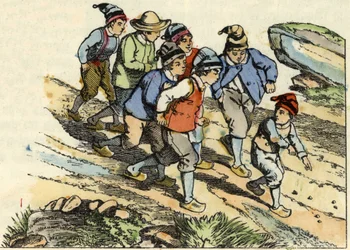 I fratelli seguono il Piccolo Pollicino che ha seminato sassolini bianchi lungo il cammino. Illustrazione della fiaba "Il Piccolo Pollicino" di Charles Perrault