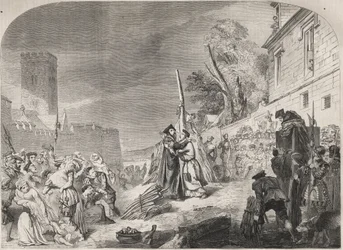 Il rogo dei vescovi Nicholas Ridley e Hugh Latimer vicino ai cancelli del Balliol College, Oxford, Inghilterra